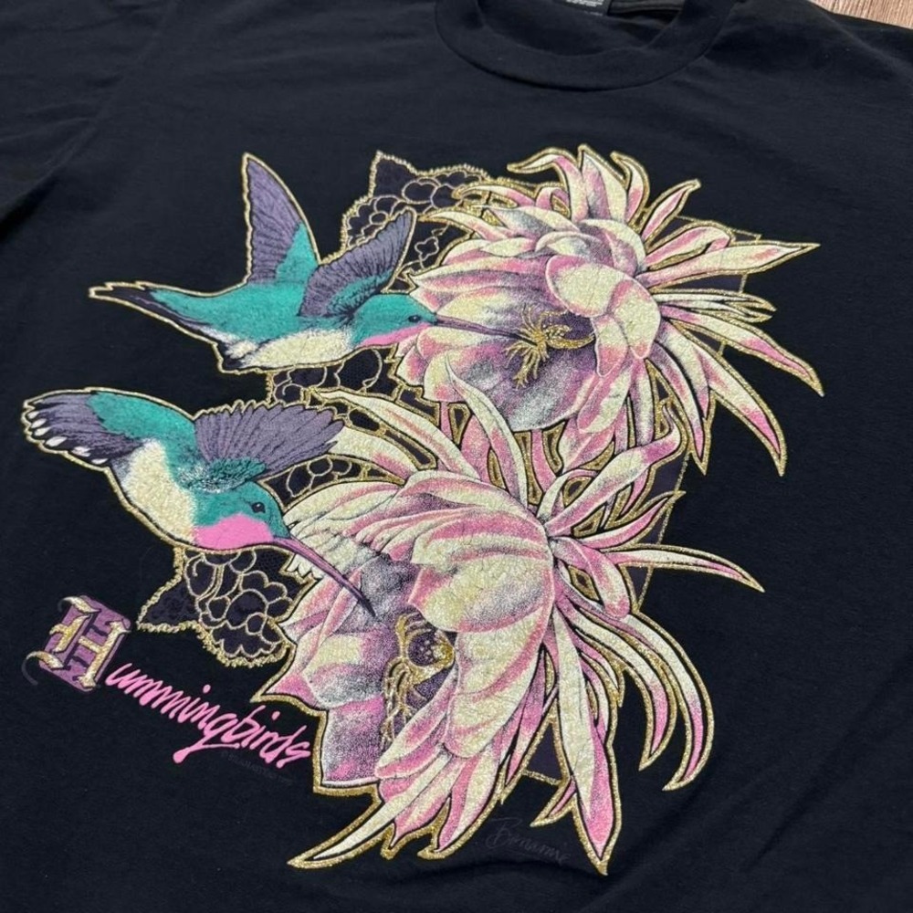 Vintage Men's Shirt Hummingbird Floral Black 90s Wildlife Nature Size XL‎